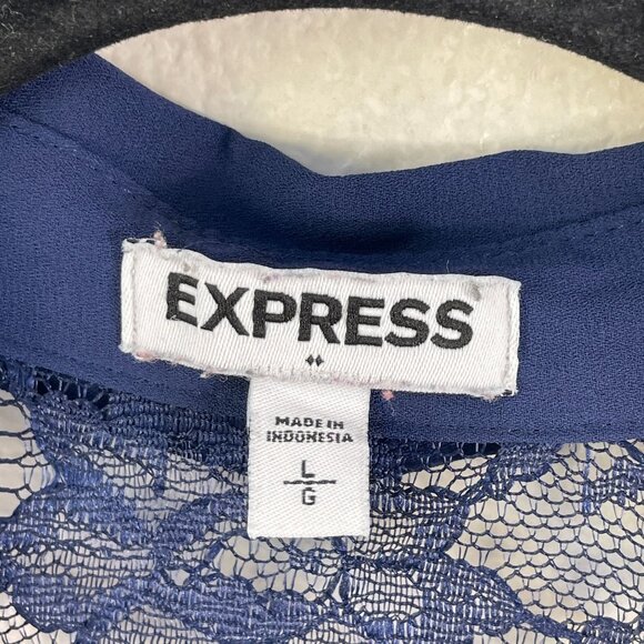 Express Womens Large Lace Panel Button Up Blue Blouse Roll Tab Sleeve Shirt - Picture 3 of 8